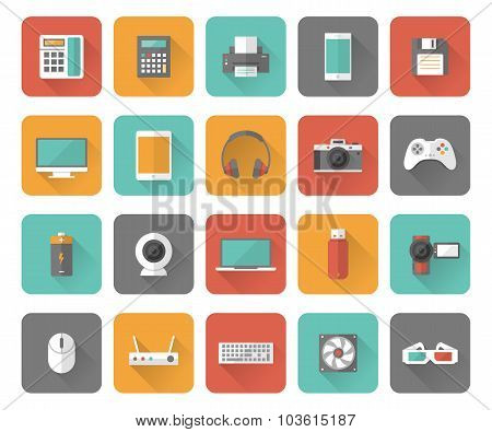 Set of 25 flat office, business, media and web design icons with long shadow effect.