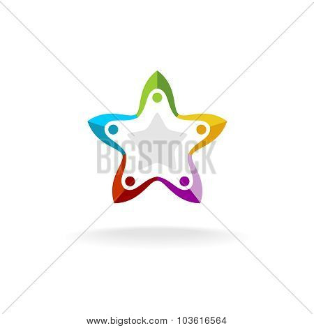 Five People Round In A Star Shape Logo Template. Colorful Flat Style.