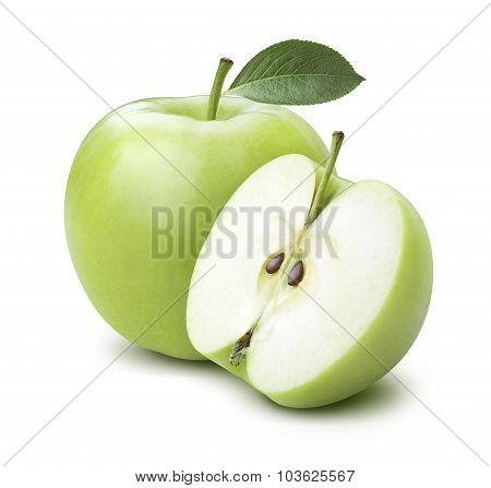Green Cooking Apple And Half Isolated On White Background
