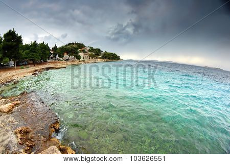 View Of The Bay And Old Town On Hill With Cloudy Sky, Croatia Dalmatia