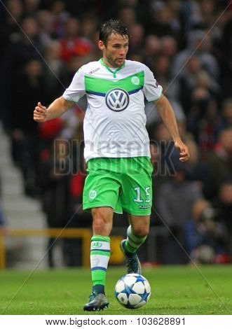 MANCHESTER, ENGLAND - SEPTEMBER 30, 2015: Champions League match between Manchester United and Vfl Wolfsburg at Old Trafford Stadium on September 30, 2015