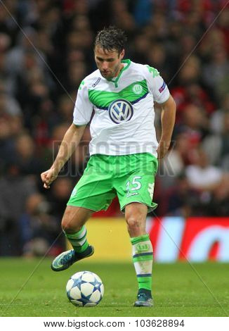 MANCHESTER, ENGLAND - SEPTEMBER 30, 2015: Champions League match between Manchester United and Vfl Wolfsburg at Old Trafford Stadium on September 30, 2015
