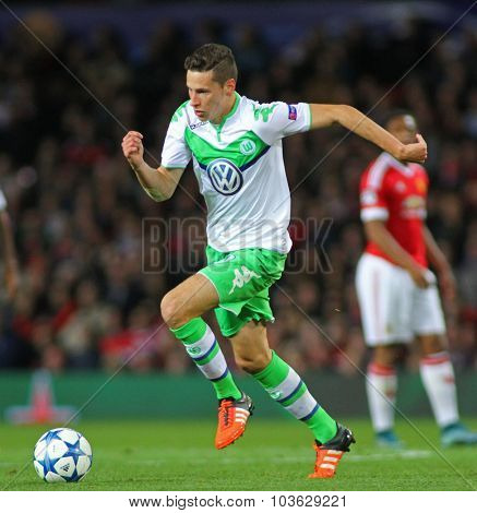 MANCHESTER, ENGLAND - SEPTEMBER 30, 2015: Champions League match between Manchester United and Vfl Wolfsburg at Old Trafford Stadium on September 30, 2015