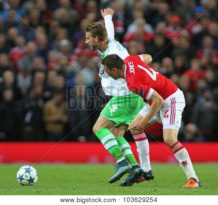 MANCHESTER, ENGLAND - SEPTEMBER 30, 2015: Champions League match between Manchester United and Vfl Wolfsburg at Old Trafford Stadium on September 30, 2015