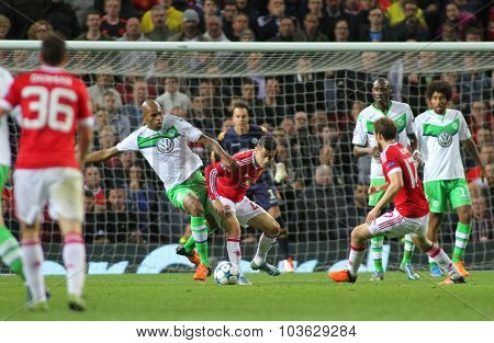 MANCHESTER, ENGLAND - SEPTEMBER 30, 2015: Champions League match between Manchester United and Vfl Wolfsburg at Old Trafford Stadium on September 30, 2015