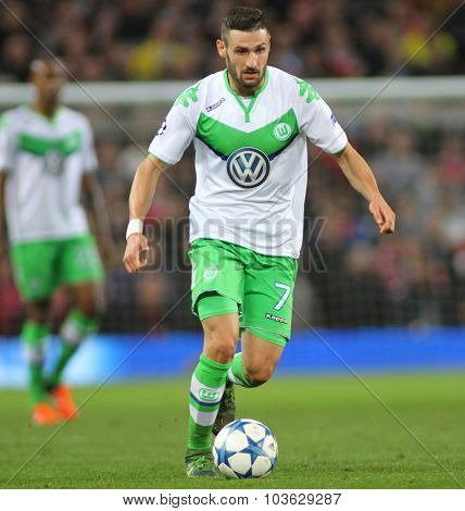 MANCHESTER, ENGLAND - SEPTEMBER 30, 2015: Champions League match between Manchester United and Vfl Wolfsburg at Old Trafford Stadium on September 30, 2015