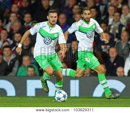 MANCHESTER, ENGLAND - SEPTEMBER 30, 2015: Champions League match between Manchester United and Vfl Wolfsburg at Old Trafford Stadium on September 30, 2015