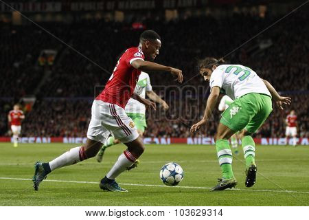 MANCHESTER, ENGLAND - SEPTEMBER 30, 2015: Champions League match between Manchester United and Vfl Wolfsburg at Old Trafford Stadium on September 30, 2015