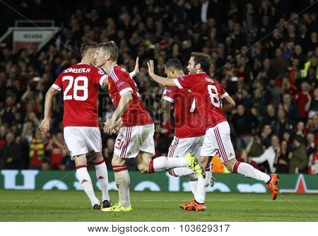MANCHESTER, ENGLAND - SEPTEMBER 30, 2015: Champions League match between Manchester United and Vfl Wolfsburg at Old Trafford Stadium on September 30, 2015