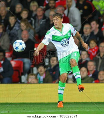 MANCHESTER, ENGLAND - SEPTEMBER 30, 2015: Champions League match between Manchester United and Vfl Wolfsburg at Old Trafford Stadium on September 30, 2015