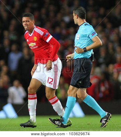 MANCHESTER, ENGLAND - SEPTEMBER 30, 2015: Champions League match between Manchester United and Vfl Wolfsburg at Old Trafford Stadium on September 30, 2015