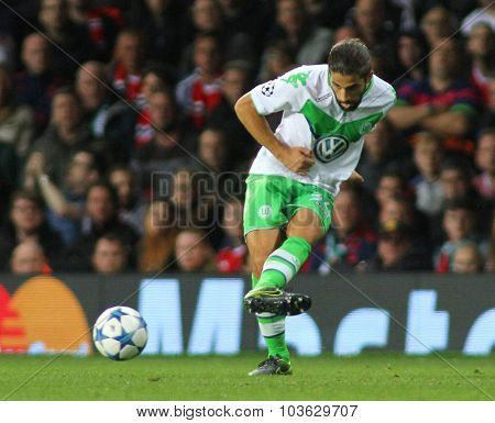 MANCHESTER, ENGLAND - SEPTEMBER 30, 2015: Champions League match between Manchester United and Vfl Wolfsburg at Old Trafford Stadium on September 30, 2015