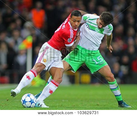 MANCHESTER, ENGLAND - SEPTEMBER 30, 2015: Champions League match between Manchester United and Vfl Wolfsburg at Old Trafford Stadium on September 30, 2015