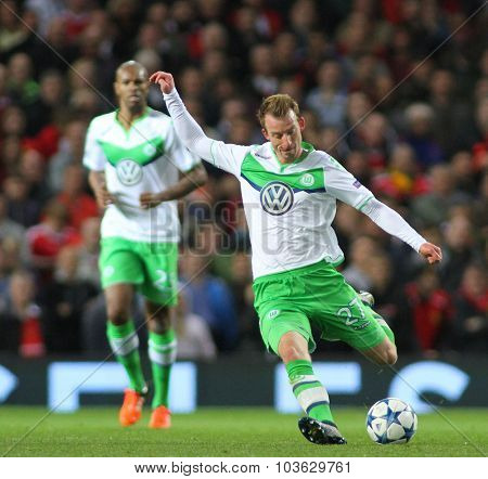MANCHESTER, ENGLAND - SEPTEMBER 30, 2015: Champions League match between Manchester United and Vfl Wolfsburg at Old Trafford Stadium on September 30, 2015