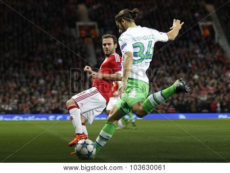 MANCHESTER, ENGLAND - SEPTEMBER 30, 2015: Champions League match between Manchester United and Vfl Wolfsburg at Old Trafford Stadium on September 30, 2015