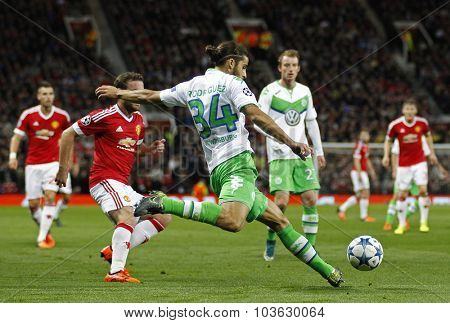 MANCHESTER, ENGLAND - SEPTEMBER 30, 2015: Champions League match between Manchester United and Vfl Wolfsburg at Old Trafford Stadium on September 30, 2015