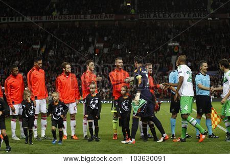 MANCHESTER, ENGLAND - SEPTEMBER 30, 2015: Champions League match between Manchester United and Vfl Wolfsburg at Old Trafford Stadium on September 30, 2015
