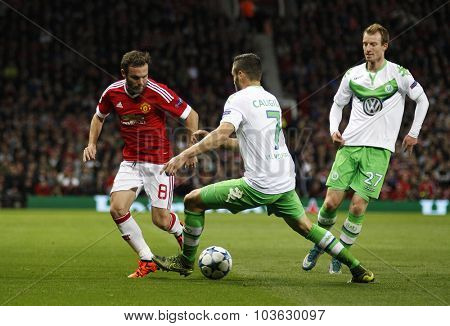 MANCHESTER, ENGLAND - SEPTEMBER 30, 2015: Champions League match between Manchester United and Vfl Wolfsburg at Old Trafford Stadium on September 30, 2015