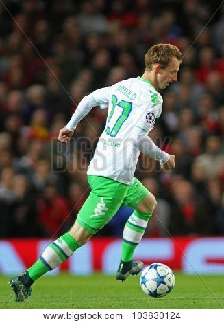 MANCHESTER, ENGLAND - SEPTEMBER 30, 2015: Champions League match between Manchester United and Vfl Wolfsburg at Old Trafford Stadium on September 30, 2015