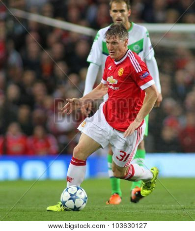 MANCHESTER, ENGLAND - SEPTEMBER 30, 2015: Champions League match between Manchester United and Vfl Wolfsburg at Old Trafford Stadium on September 30, 2015
