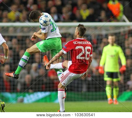 MANCHESTER, ENGLAND - SEPTEMBER 30, 2015: Champions League match between Manchester United and Vfl Wolfsburg at Old Trafford Stadium on September 30, 2015