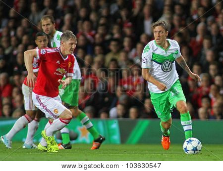 MANCHESTER, ENGLAND - SEPTEMBER 30, 2015: Champions League match between Manchester United and Vfl Wolfsburg at Old Trafford Stadium on September 30, 2015