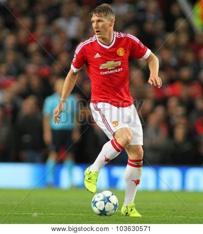 MANCHESTER, ENGLAND - SEPTEMBER 30, 2015: Champions League match between Manchester United and Vfl Wolfsburg at Old Trafford Stadium on September 30, 2015