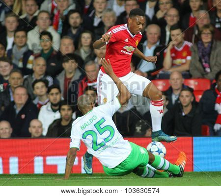 MANCHESTER, ENGLAND - SEPTEMBER 30, 2015: Champions League match between Manchester United and Vfl Wolfsburg at Old Trafford Stadium on September 30, 2015