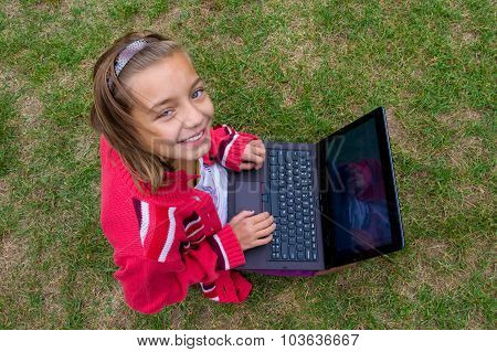 Happy Girl With Laptop Study Outside Smiling