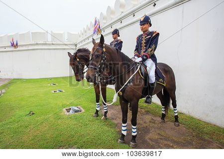 Bangkok Thailand October 3- Royal Thai Army Soldier Stand By On Horse Back In Front Of  Grand Palace