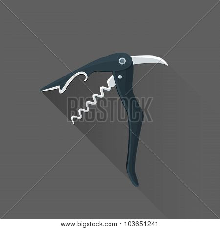 Vector Flat Style Black Sommelier Knife Illustration Icon.