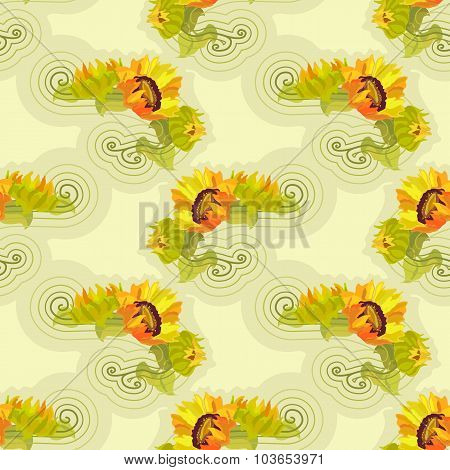 Sunflowers yellow seamless background with green leafs.