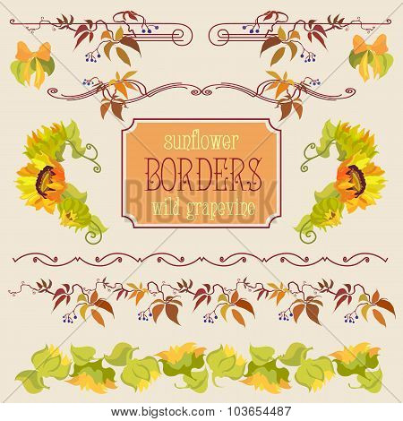 Border elements set with sunflower and grape