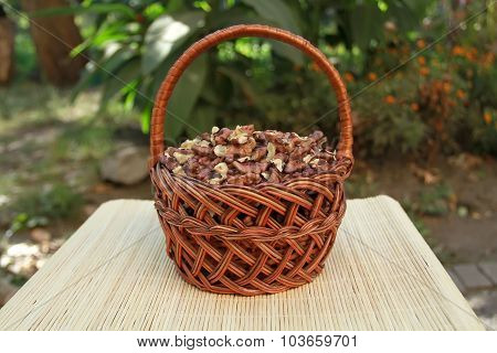 Kernels Of Walnuts In A Wicker Basket From Vines