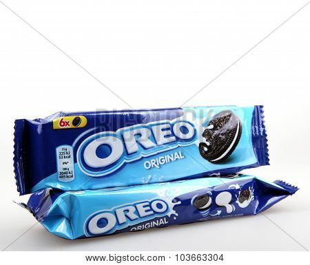 Aytos Bulgaria - October 04 2015: Oreo Isolated On White Background. Oreo Is A Sandwich Cookie Consi