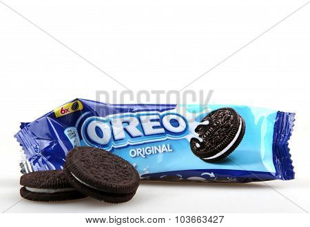 Aytos Bulgaria - October 04 2015: Oreo Isolated On White Background. Oreo Is A Sandwich Cookie Consi