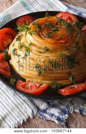 French Food: Timbale Of Pasta With Cheese And Vegetables Close-up