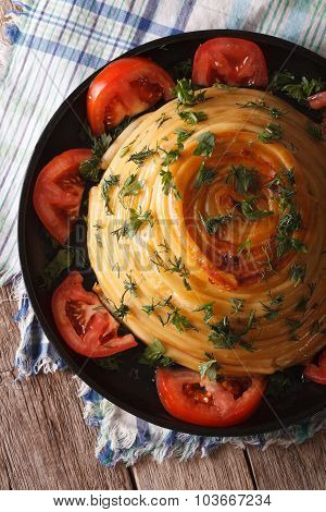 Casserole Pasta With Cheese Close-up On A Plate. Vertical Top View