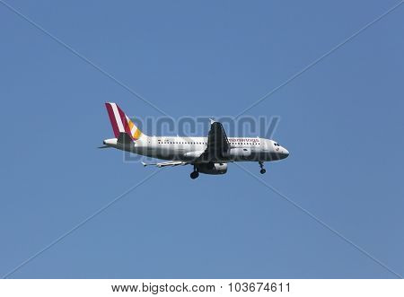 ZAGREB, CROATIA - JUNE 10: Airbus A319, registration D-AGWF of Germanwings landing on Zagreb Airport Pleso on June 10, 2015.