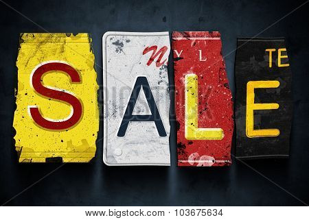Sale Word On Vintage Car License Plates, Concept Sign