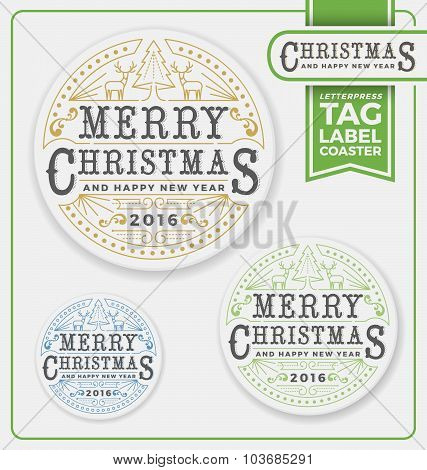 Merry Christmas Tags, Label, Coaster Letterpress Design