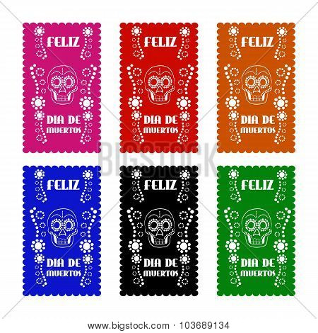 set colored poster paper in traditional Mexican style and patterns for backgrounds skulls, celebrati