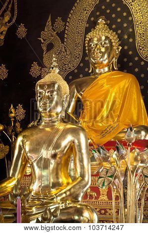 Golden Buddha Statues On The Altar At Wat Jet Yot, Chiang Mai, Thailand