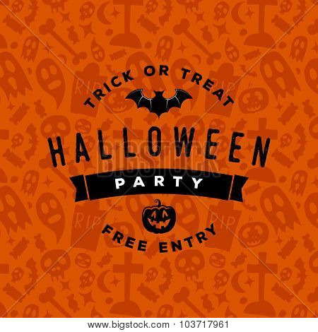 Halloween Party Vintage Badge On Orange Seamless Background