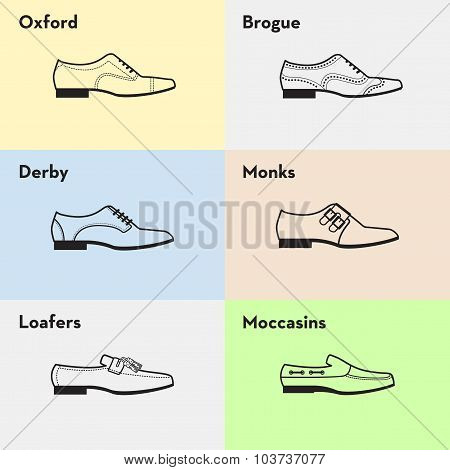 Vector graphic set icons of flat classical men's shoes. Infographic illustration of oxfords, brogues