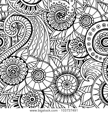 Seamless  floral retro doodle black and white pattern in vector.