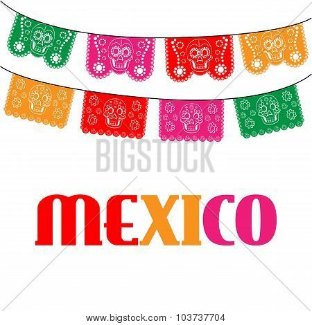 mexico. multicolored template with hanging traditional mexican flags
