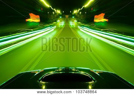 Car In Night Drive On The Road In City