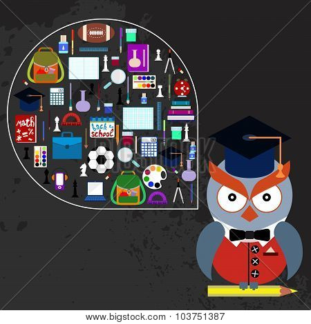 Back to school. Owl with school supplies. Flat design.