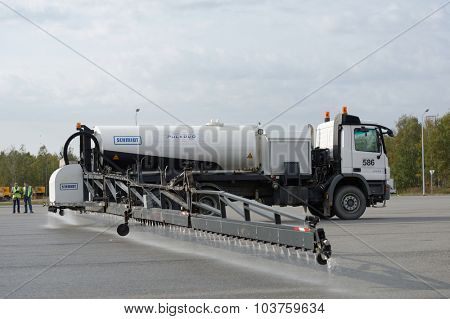 ST. PETERSBURG, RUSSIA - SEPTEMBER 24, 2015: Schmidt airport sprayer during the annual review of equipment in the Pulkovo airport. The review is held in order to prepare to winter